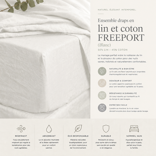 Ensemble draps en lin et coton FREEPORT ( blanc )  ( 55% lin-45% coton) - Draps rjs trading - Literie-Déco et moi 