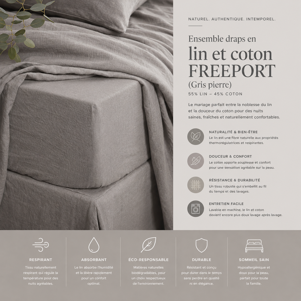 Ensemble draps en lin et coton FREEPORT ( gris pierre )  ( 55% lin-45% coton) - Draps rjs trading - Literie-Déco et moi 
