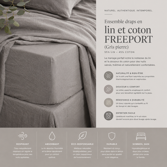 Ensemble draps en lin et coton FREEPORT ( gris pierre )  ( 55% lin-45% coton) - Draps rjs trading - Literie-Déco et moi 
