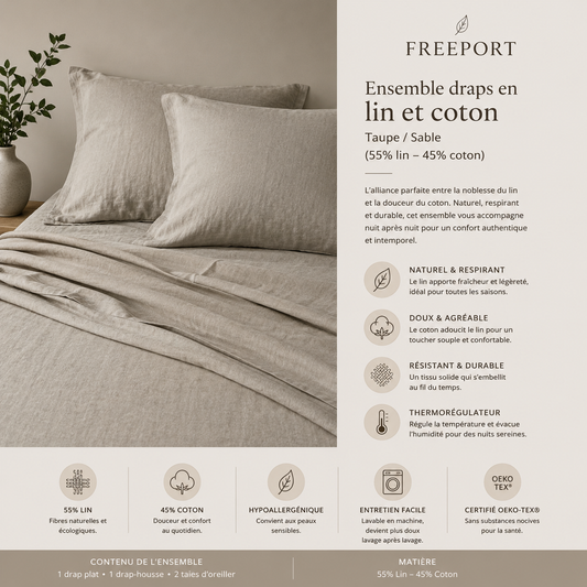 Ensemble draps en lin et coton FREEPORT ( taupe/sable )  ( 55% lin-45% coton) - Draps rjs trading - Literie-Déco et moi 