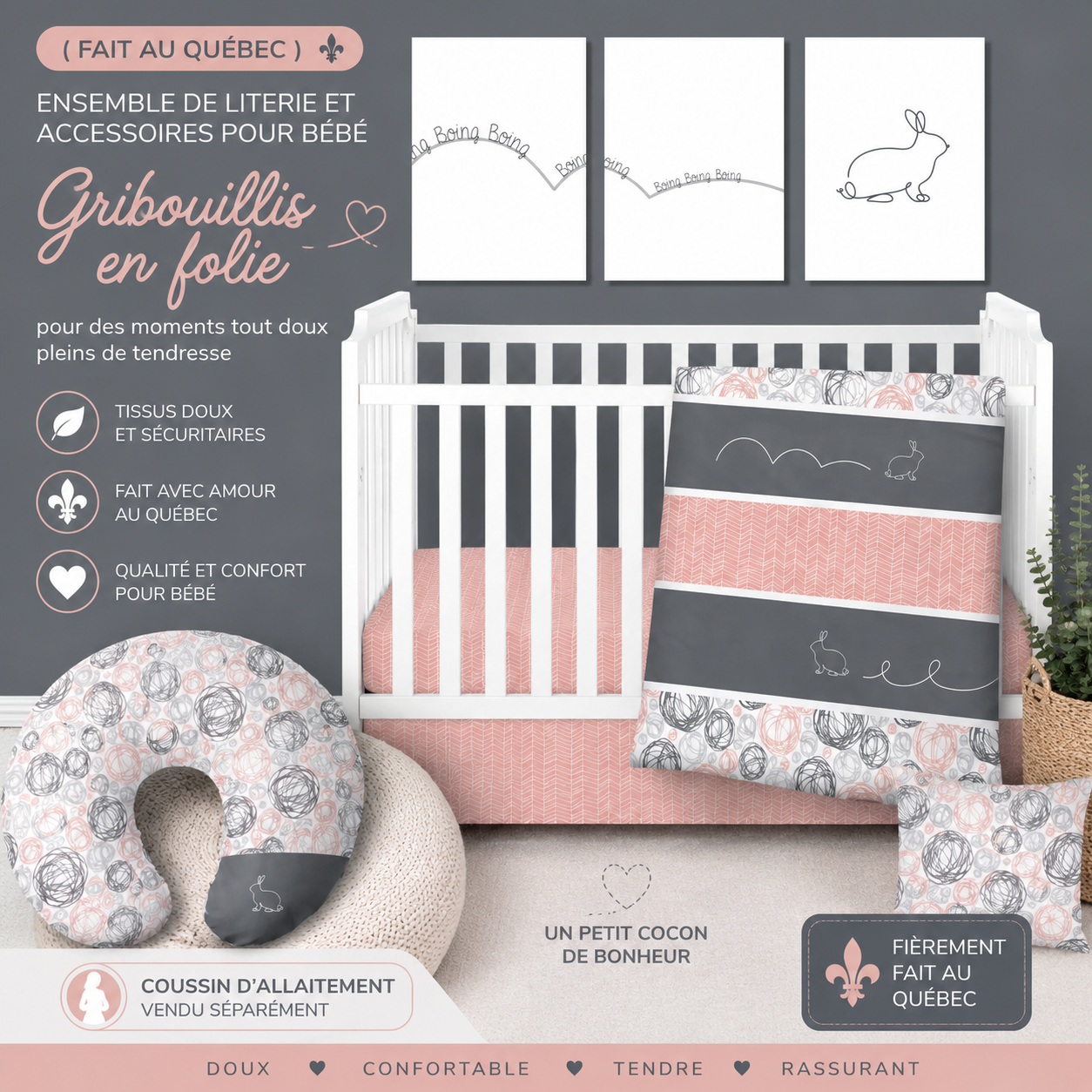 ( Fait au Québec) Ensemble de literie et accessoires pour bébé - GRIBOUILLIS EN FOLIE - Literie bébés Textile Patlin - Literie-Déco et moi 