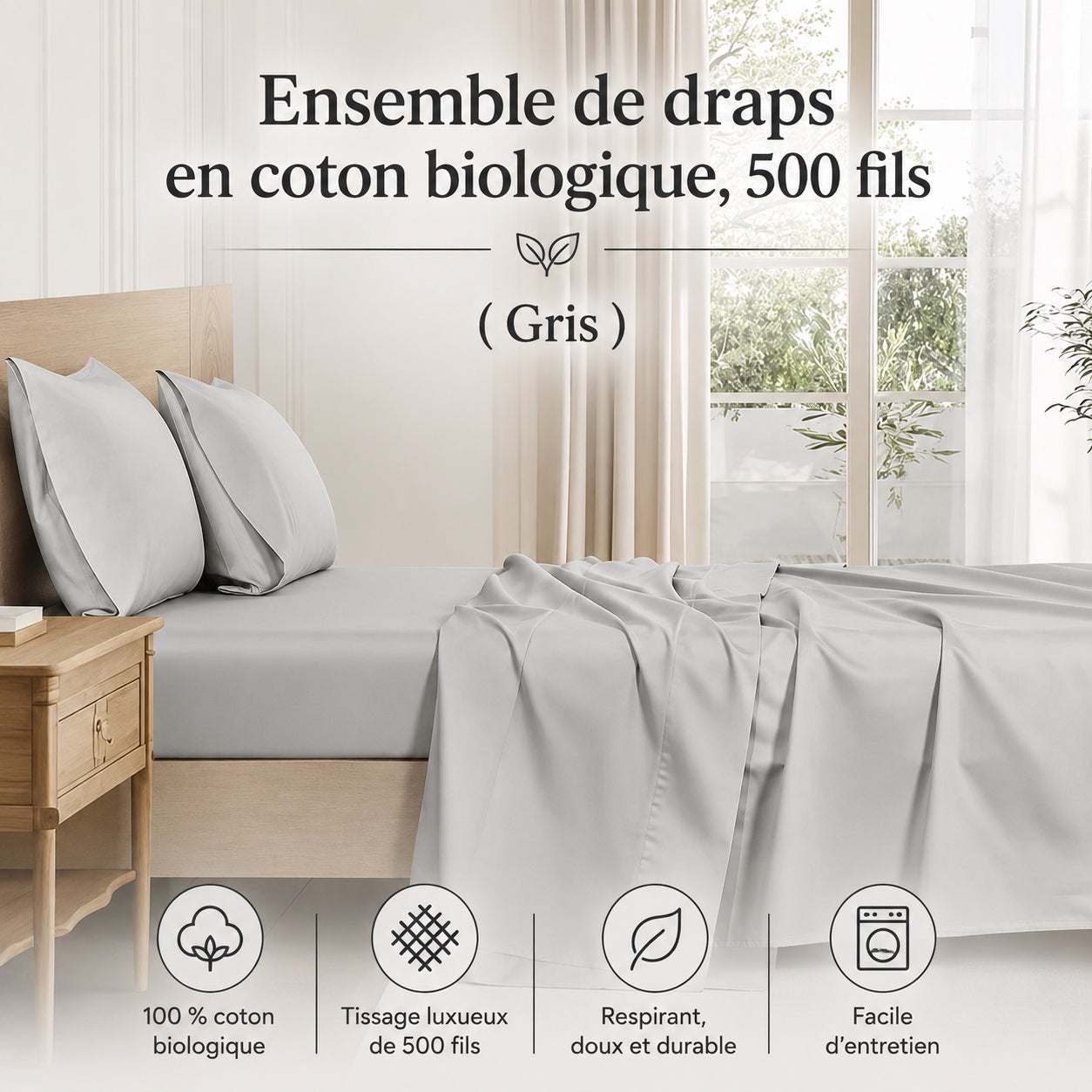 Ensemble de draps en coton biologique , 500 fils ( Gris ) - Draps Literie & Déco et moi - Literie-Déco et moi 