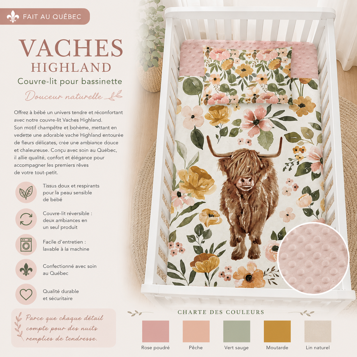 (FAIT AU QUEBEC) Vaches Highland - Couvre-lit pour bassinette - Douillette Fait Québec- oleoops - Literie-Déco et moi 