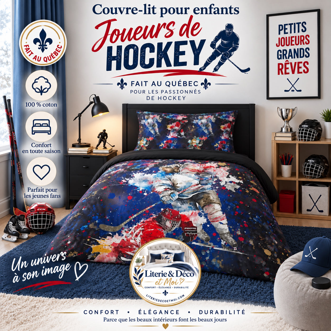 (FAIT AU QUEBEC) Joueurs de hockey - Couvre-lit pour enfants - Douillette Fait Québec- oleoops - Literie-Déco et moi 