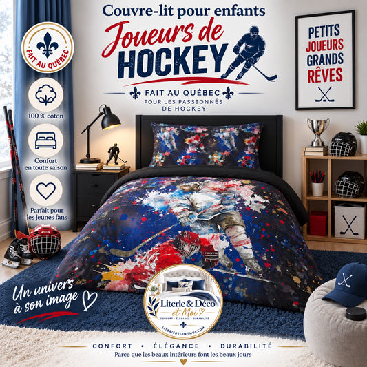 (FAIT AU QUEBEC) Joueurs de hockey - Couvre-lit pour enfants - Douillette Fait Québec- oleoops - Literie-Déco et moi 