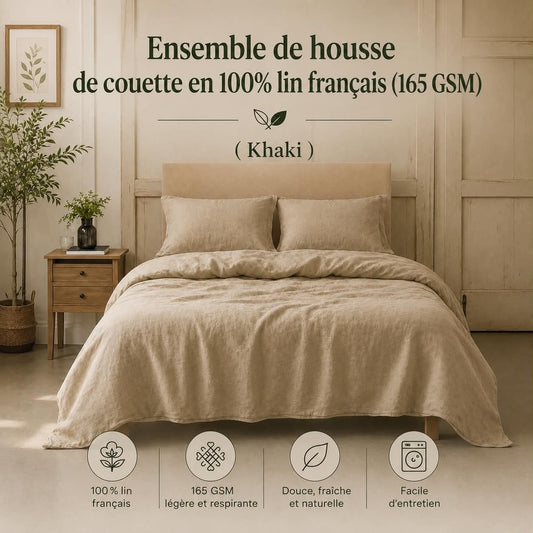 Housse de couette 100% lin francais (165 GSM) -Khaki - Housse de couette Literie & Déco et moi - Literie-Déco et moi 