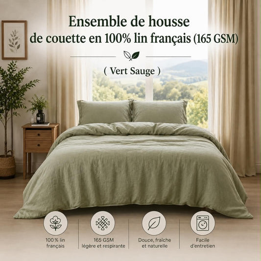Housse de couette 100% lin francais (165 GSM) - Vert Sauge - Housse de couette Literie & Déco et moi - Literie-Déco et moi 