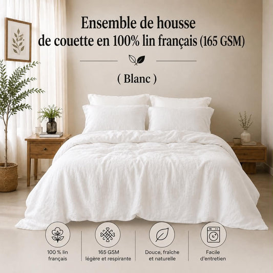 Housse de couette 100% lin français (165 GSM) - Blanc - Housse de couette Literie & Déco et moi - Literie-Déco et moi 
