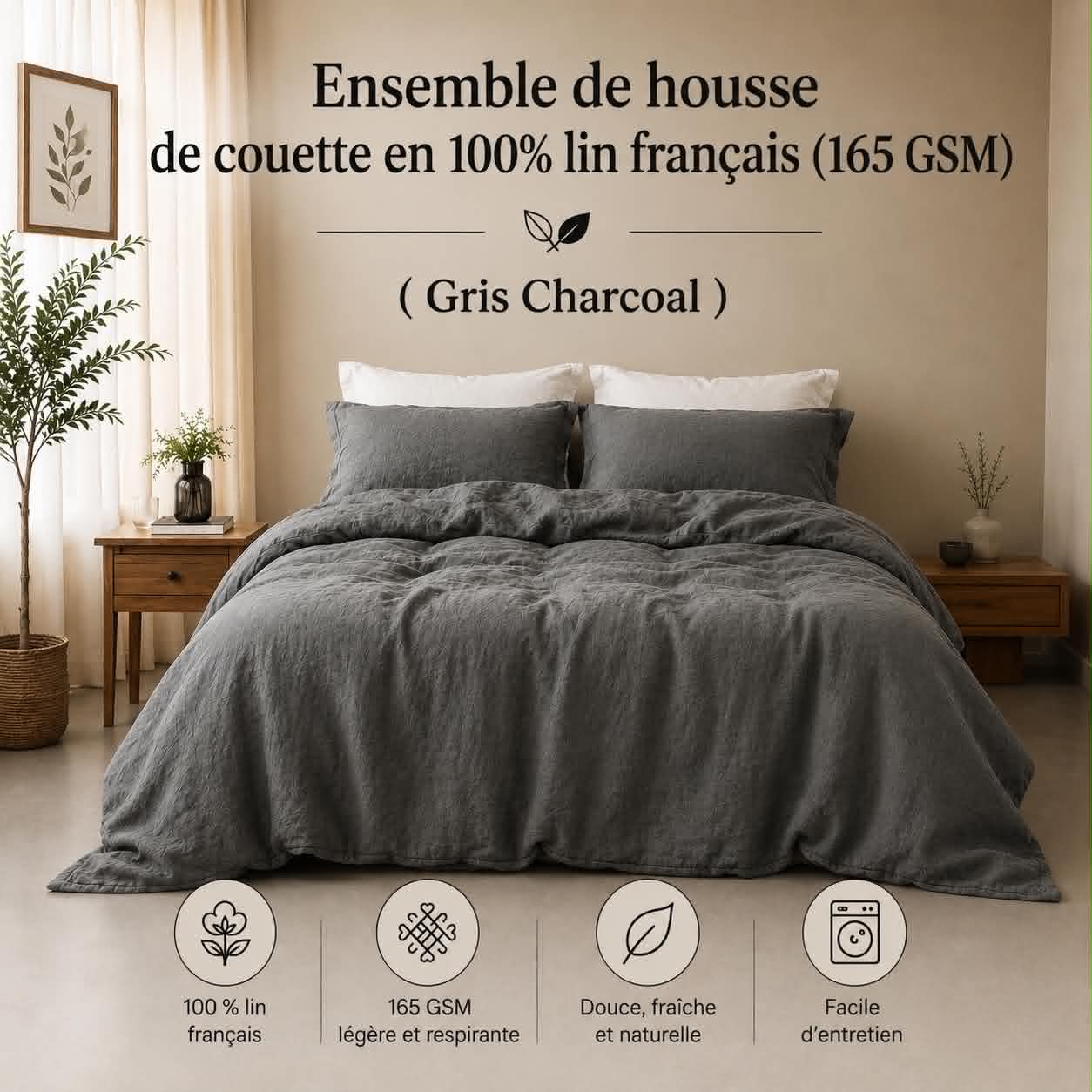Housse de couette 100% lin francais (165 GSM) - Gris Chacoal - Housse de couette Literie & Déco et moi - Literie-Déco et moi 
