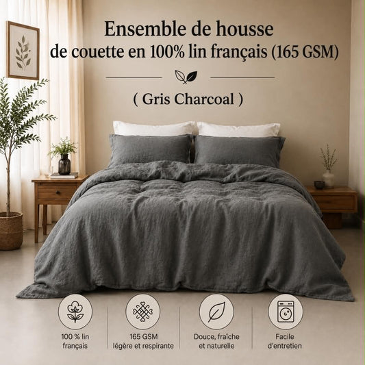Housse de couette 100% lin francais (165 GSM) - Gris Chacoal - Housse de couette Literie & Déco et moi - Literie-Déco et moi