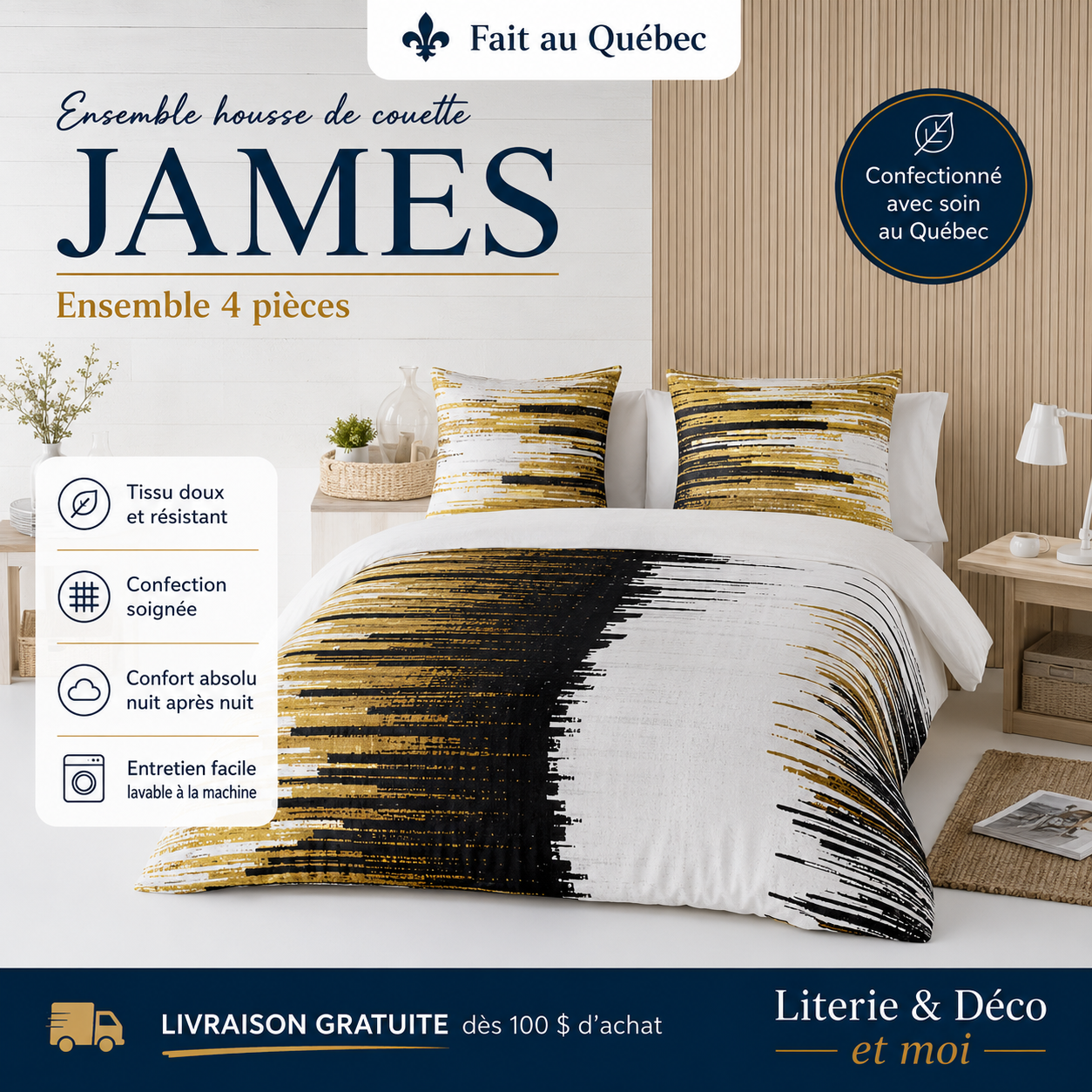 (Fait au Québec) Housse de couette JAMES (Ensemble 4 pièces ) - Housse de couette CHÉNÉ - Literie-Déco et moi 