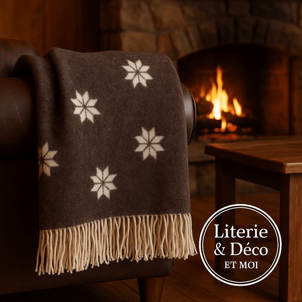 Jeté en laine Flocons  ( 100% laine ) Coussins  ,disponible chez Literie-Déco et moi 