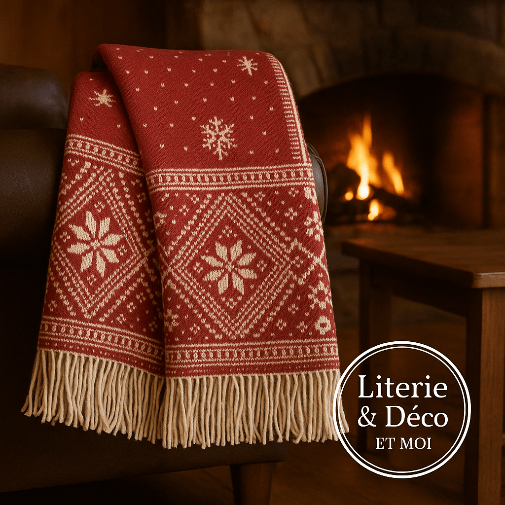 Jeté en laine rouge Flocons  ( 100% laine ) Coussins  ,disponible chez Literie-Déco et moi 
