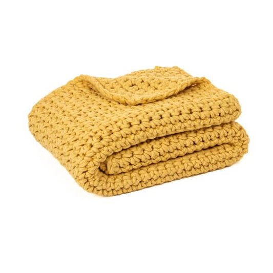 Jeté en tricot jaune GUMMY- Par  Brunelli Jeté  ,disponible chez Literie-Déco et moi 