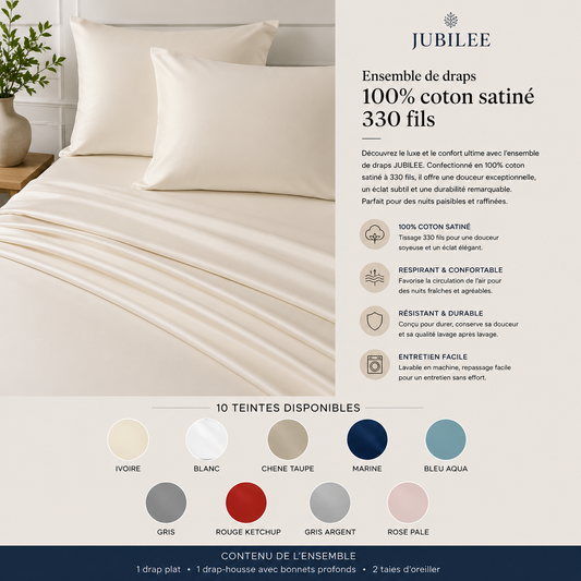 Ensemble draps JUBILEE ( 100% coton satiné-330 fils) ( 10 TEINTES DISPONIBLES ) - Draps rjs trading - Literie-Déco et moi 