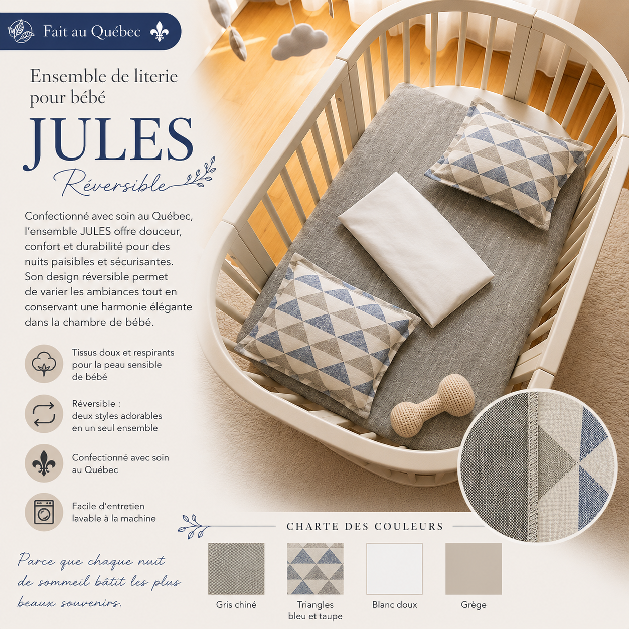 Fait au Québec Ensemble de literie pour bébé JULES (Réversible) - Douillette bébé Chéné-Sasseville - Literie-Déco et moi 