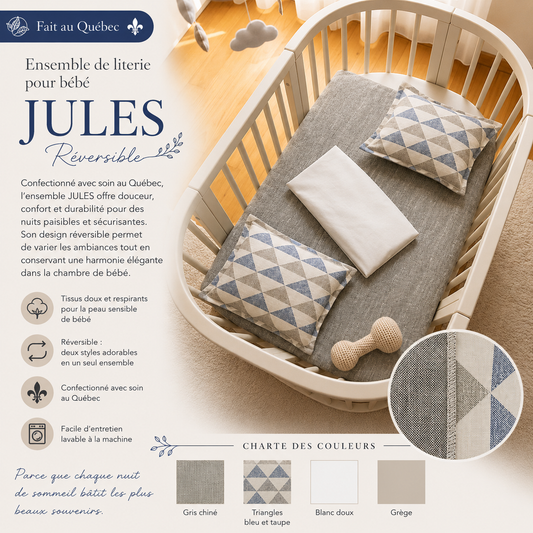 Fait au Québec Ensemble de literie pour bébé JULES (Réversible) - Douillette bébé Chéné-Sasseville - Literie-Déco et moi 