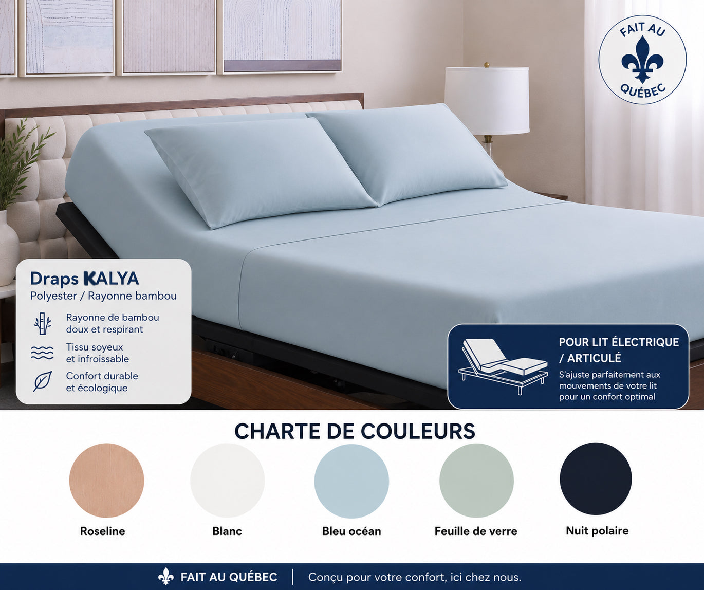 (FAIT AU QUÉBEC)- Draps KALYA ( polyester/rayonne bambou)-Pour lit électrique- (JUMEAU XL , QUEEN OU KING) - Draps Zénima - Literie-Déco et moi 