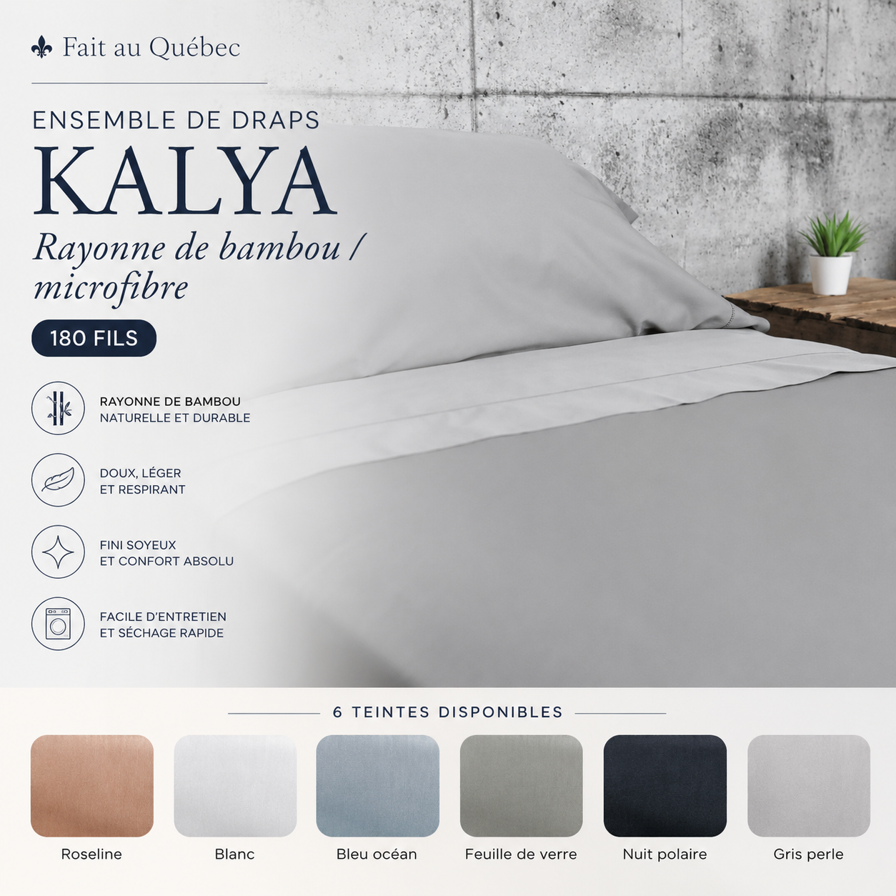 ( Fait au Québec )Ensemble de draps rayonne de bambou / microfibre KALYA (  180 fils ) - Draps Zénima - Literie-Déco et moi 