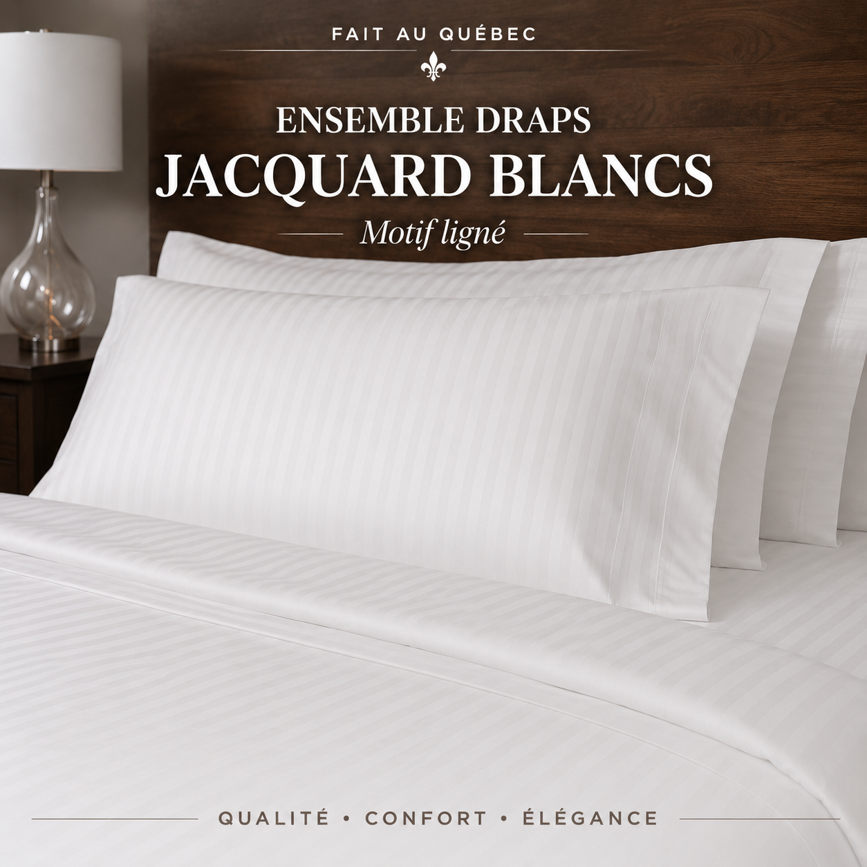 ( Fait au Québec ) Ensemble draps blancs Jacquard ( Motif ligné ) - Draps Zénima - Literie-Déco et moi 