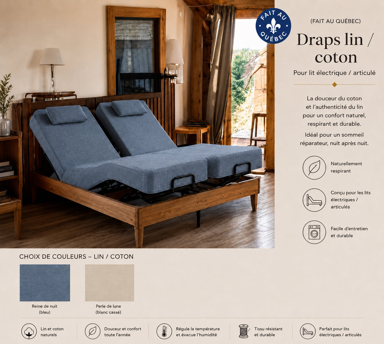 ( FAIT AU QUEBEC )-Draps lin / coton - Pour lit électrique / articulé  JUMEAU XL, QUEEN ou KING - Draps Zénima - Literie-Déco et moi 