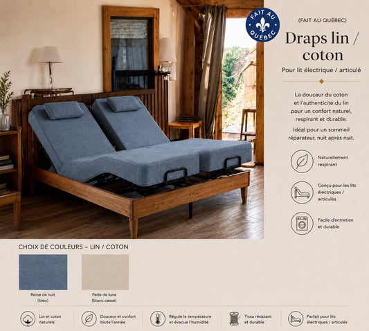 ( FAIT AU QUEBEC )-Draps lin / coton - Pour lit électrique JUMEAU XL, QUEEN ou KING ( *** TEINTE PERLE DE LUNE SERA DISPONIBLE AUTOMNE 2026 *** - Draps Zénima - Literie-Déco et moi 
