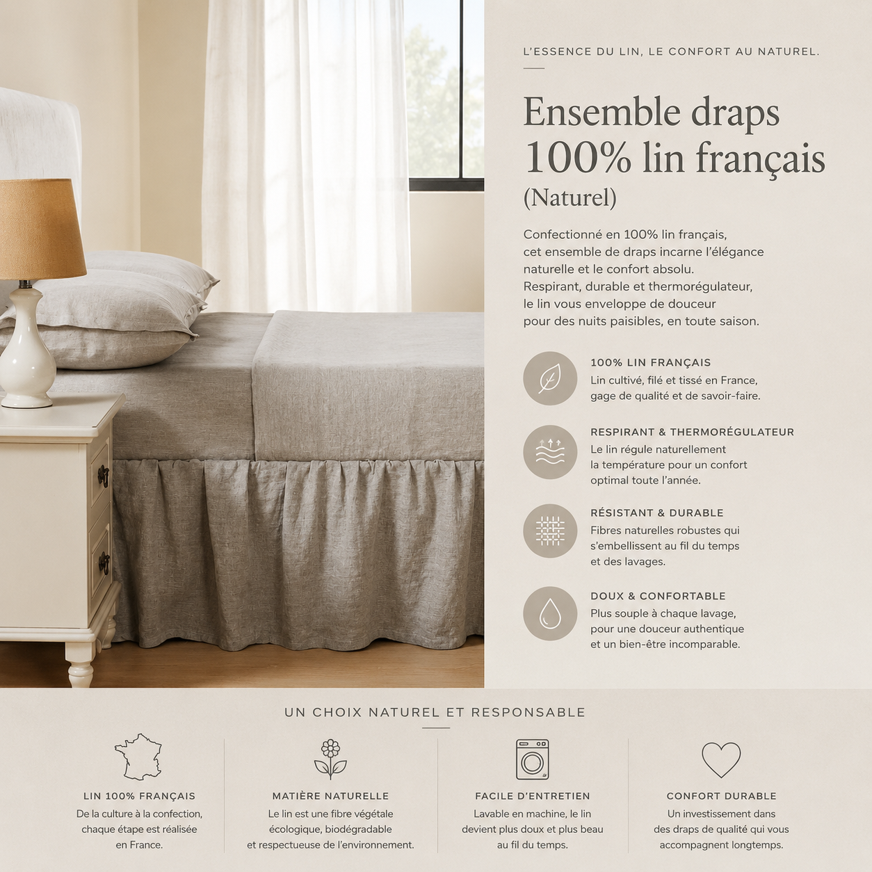Ensemble draps en 100% lin français ( Naturel ) - Draps Daniadown - Literie-Déco et moi 