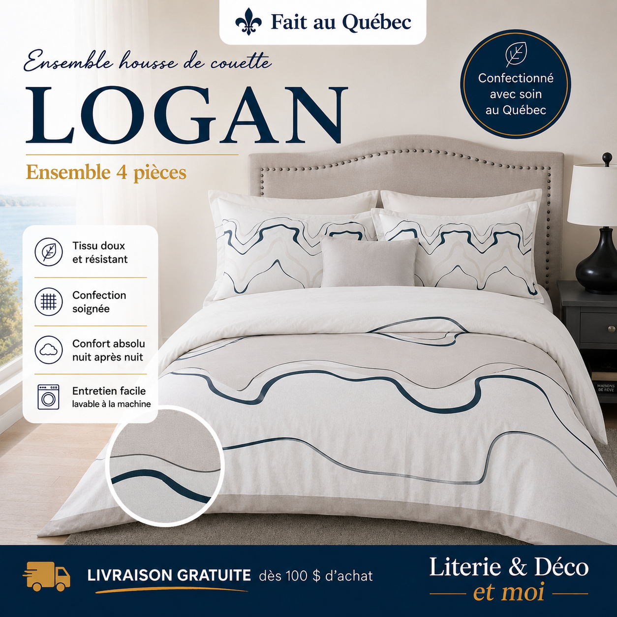 (Fait au Québec) Housse de couette LOGAN  ( Ensemble 4 pièces ) - Housse de couette CHÉNÉ - Literie-Déco et moi 