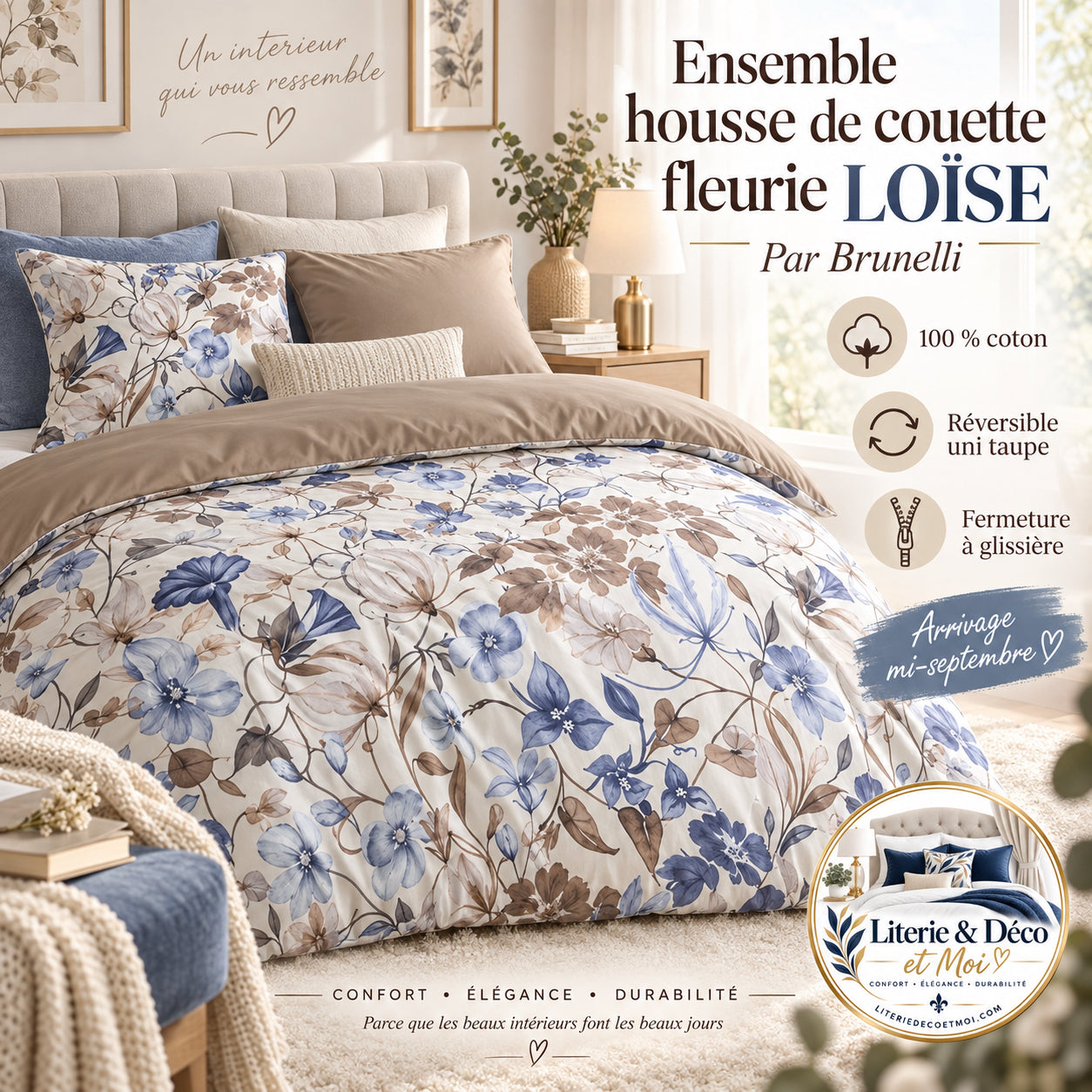 Ensemble housse de couette fleurie LOISE- Par Brunelli (Livraison AUTOMNE 2026) - Housse de couette Brunelli - Literie-Déco et moi 