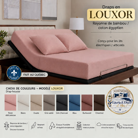 (FAIT AU QUÉBEC)  Draps LOUXOR (rayonne de bambou / coton égyptien  (330fils) Pour lit électrique JUMEAU XL,  QUEEN ou  KING- 6 teintes disponibles - Draps Zénima - Literie-Déco et moi 