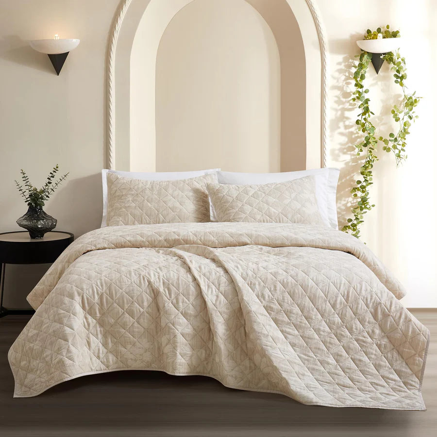 Ensemble courtepointe motifs feuillages Maple ( Beige )