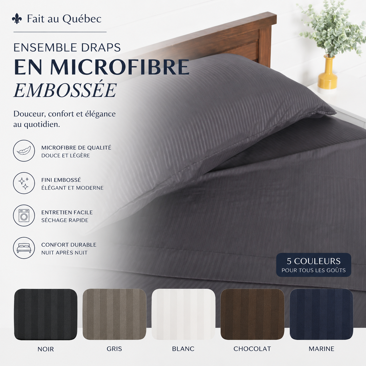 ( Fait au Québec ) Ensemble draps en microfibre embossée - Draps Zénima - Literie-Déco et moi 