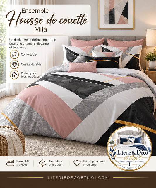 (Fait au Québec)Housse de couette MILA ( Ensemble 4 pièces ) - Housse de couette CHÉNÉ - Literie-Déco et moi