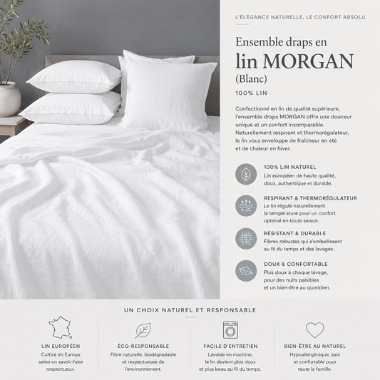 Ensemble draps en lin MORGAN ( Blanc ) - Draps rjs trading - Literie-Déco et moi 