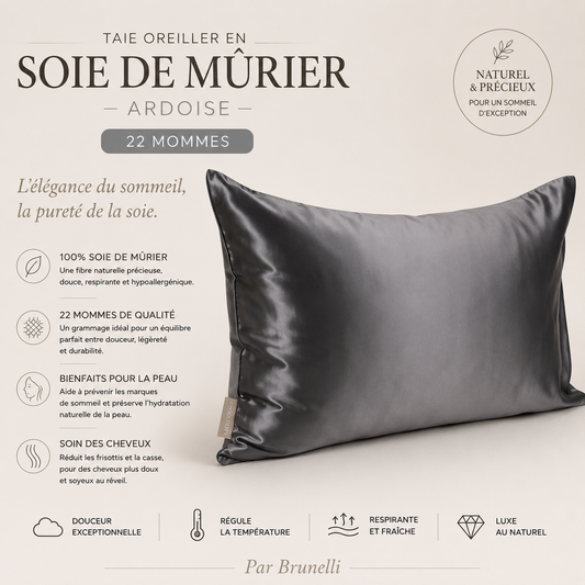 Taie oreiller en soie de mûrier- Ardoise ( 22 mommes) - taies DB - Literie-Déco et moi