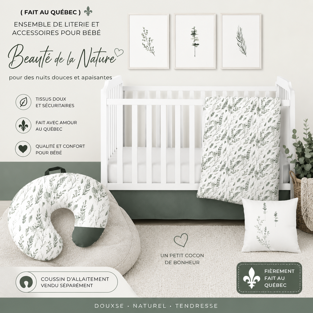 ( Fait au Québec) Ensemble de literie et accessoires pour bébé - BEAUTÉ DE LA NATURE - Literie bébés Textile Patlin - Literie-Déco et moi 