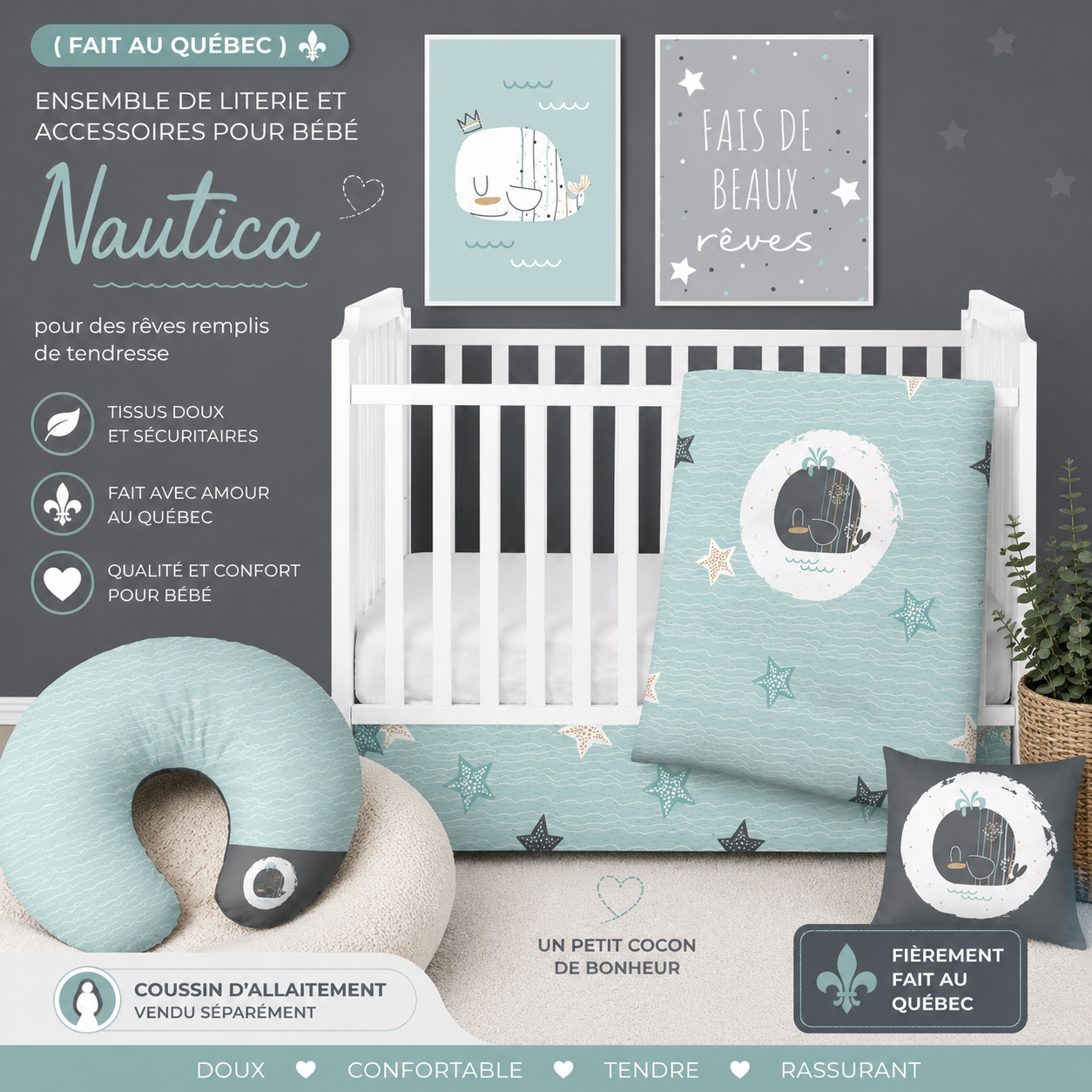 ( Fait au Québec) Ensemble de literie et accessoires pour bébé - NAUTICA - Literie bébés Textiles Patlin - Literie-Déco et moi 