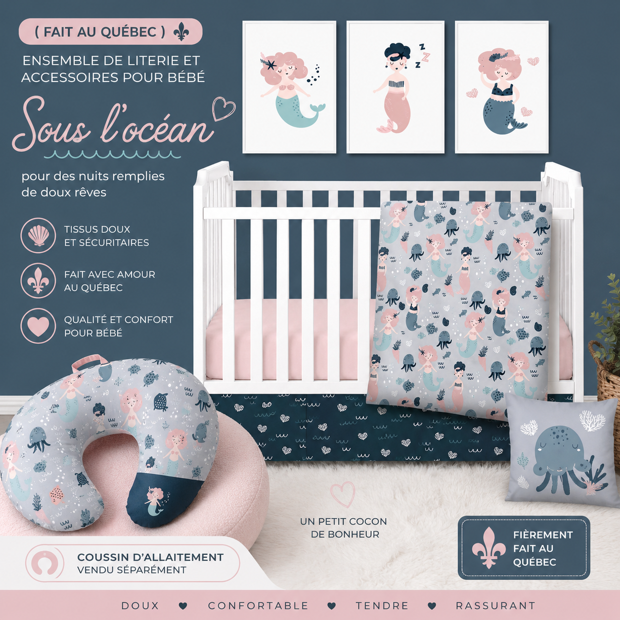 ( Fait au Québec) Ensemble de literie et accessoires pour bébé - SOUS L'OCÉAN - Literie bébés Textiles Patlin - Literie-Déco et moi 