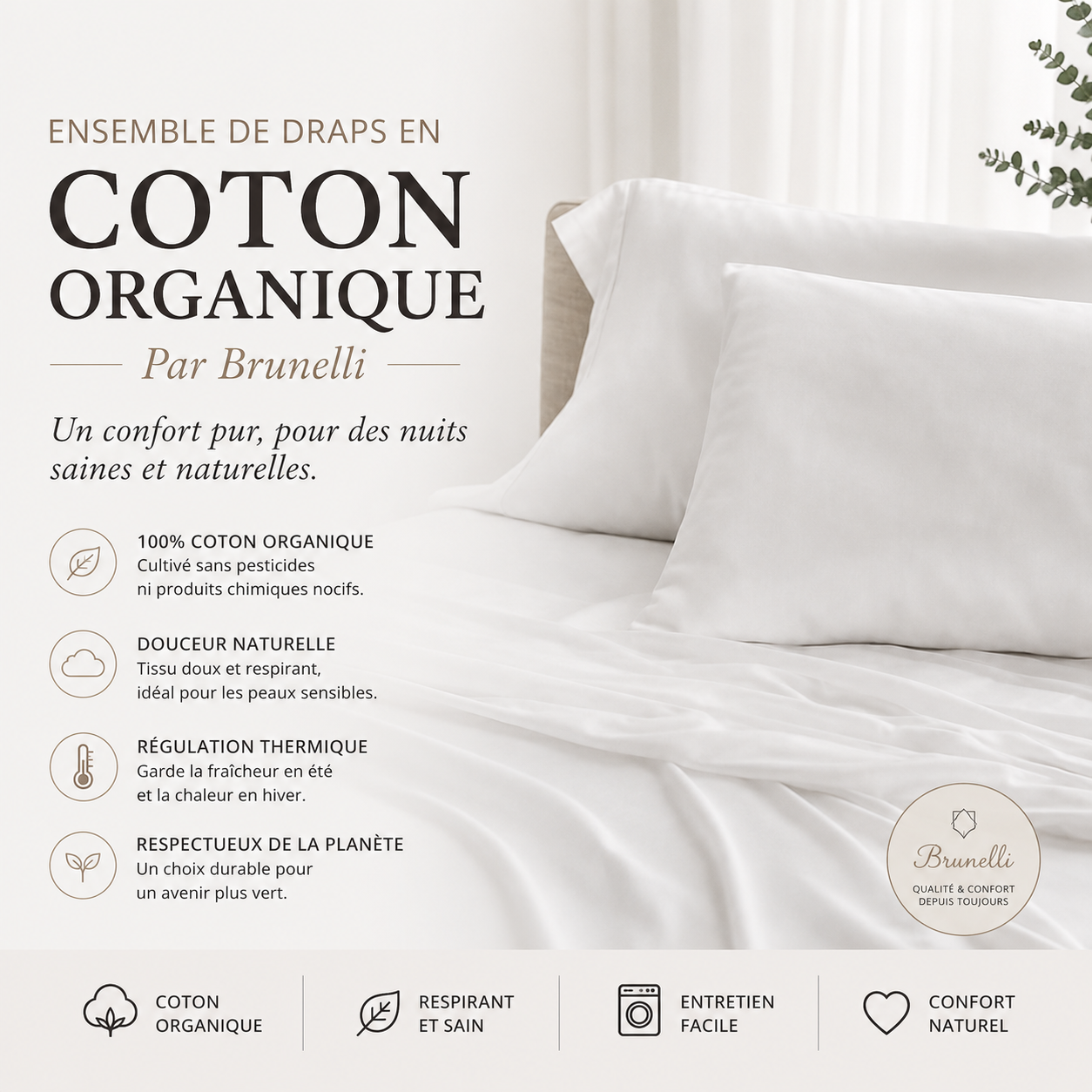 Ensemble de draps en coton organique  ( Blanc ) Par Brunelli - Draps Brunelli - Literie-Déco et moi 