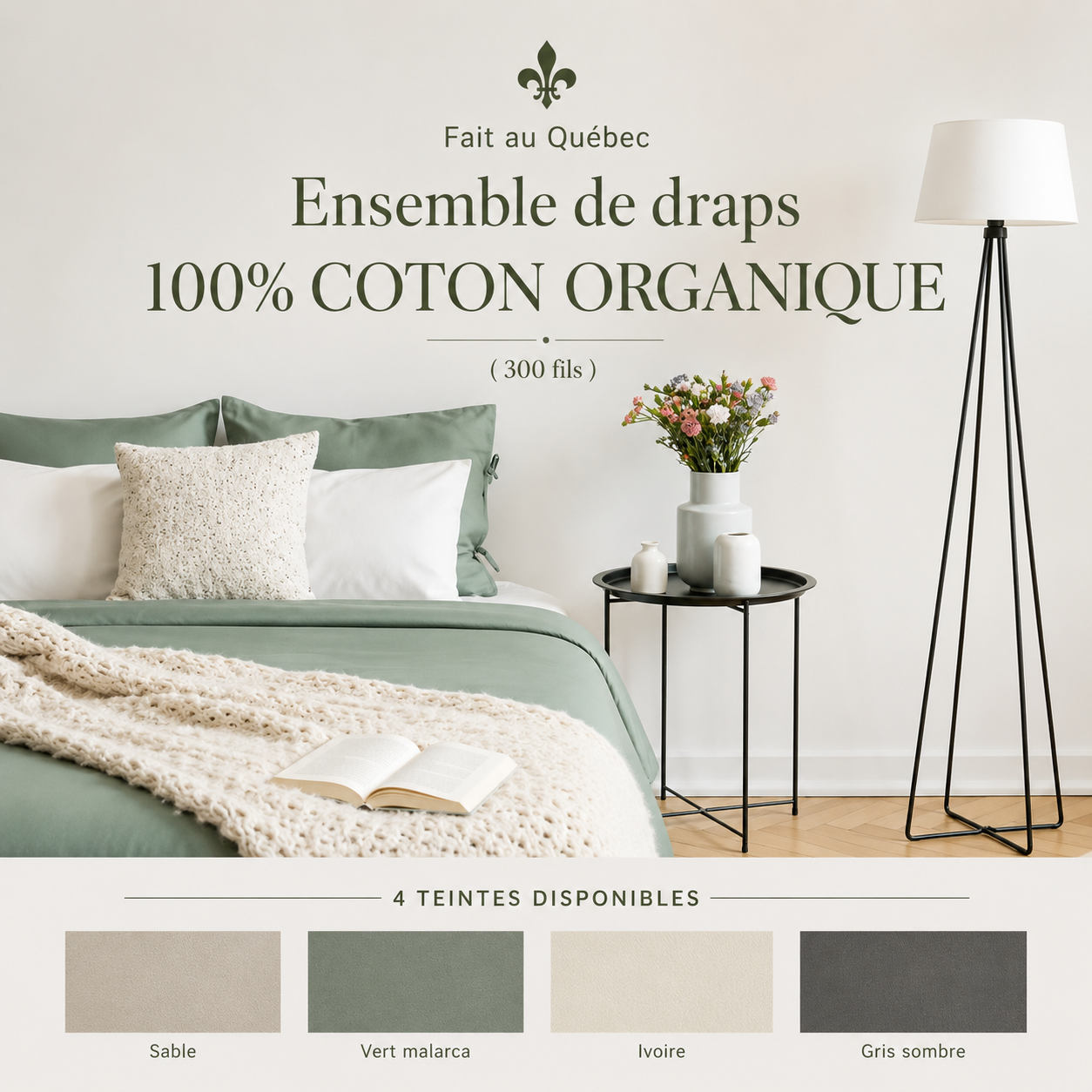 ( Fait au Québec ) Ensemble de draps 100% COTON ORGANIQUE ( 300 fils ) - Draps Zénima - Literie-Déco et moi 