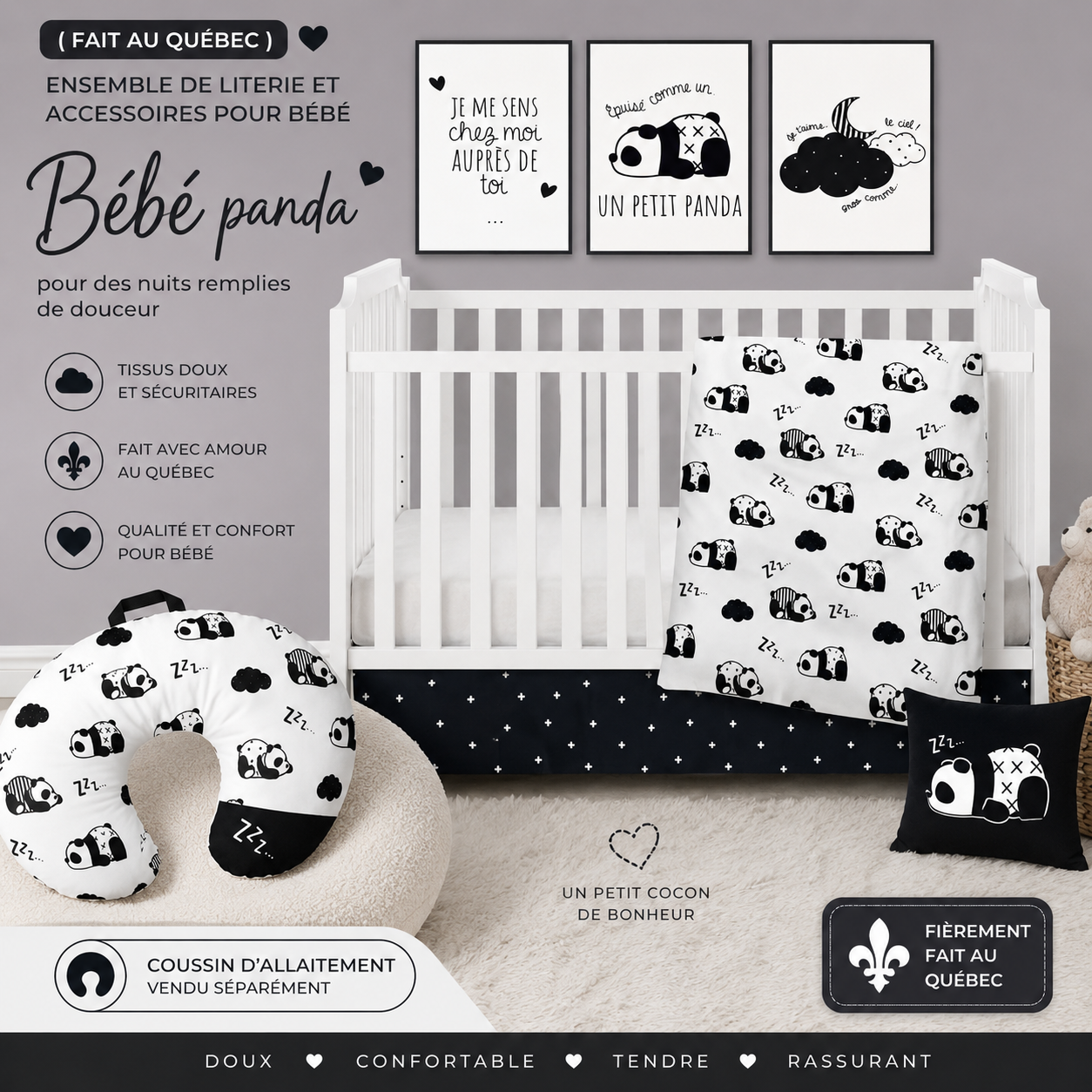 ( Fait au Québec) Ensemble de literie et accessoires pour bébé - BÉBÉ PANDA - Literie bébés Textile Patlin - Literie-Déco et moi 