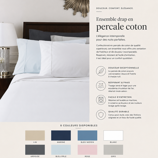 Ensemble drap en percale coton  ( 8 couleurs disponibles ) - Draps Daniadown - Literie-Déco et moi 