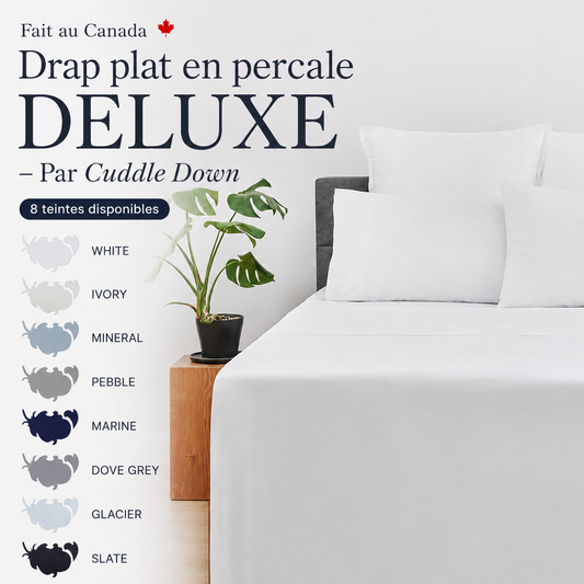 (Fait au Canada) Drap plat en percale DELUXE - Par Cuddle Down ( 8 teintes disponibles ) - DRAPS Cuddle Down - Literie-Déco et moi 
