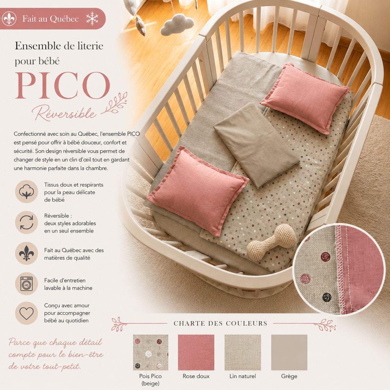(Fait au Québec) Ensemble de literie pour bébé PICO (Réversible) - Douillette bébé Literie & Déco et moi - Literie-Déco et moi 