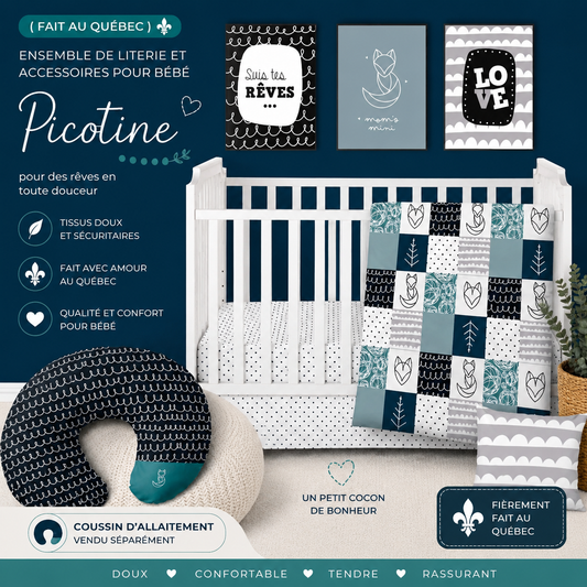 ( Fait au Québec) Ensemble de literie et accessoires pour bébé - PICOTINE - Literie bébés Textiles Patlin - Literie-Déco et moi 