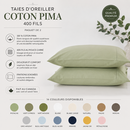 Taies d'oreiller coton PIMA 400fils (Paquet de 2) - taies Daniadown - Literie-Déco et moi