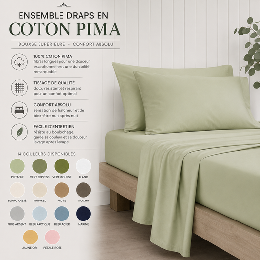Ensemble draps en coton PIMA (14 couleurs disponibles) - Draps Daniadown - Literie-Déco et moi 
