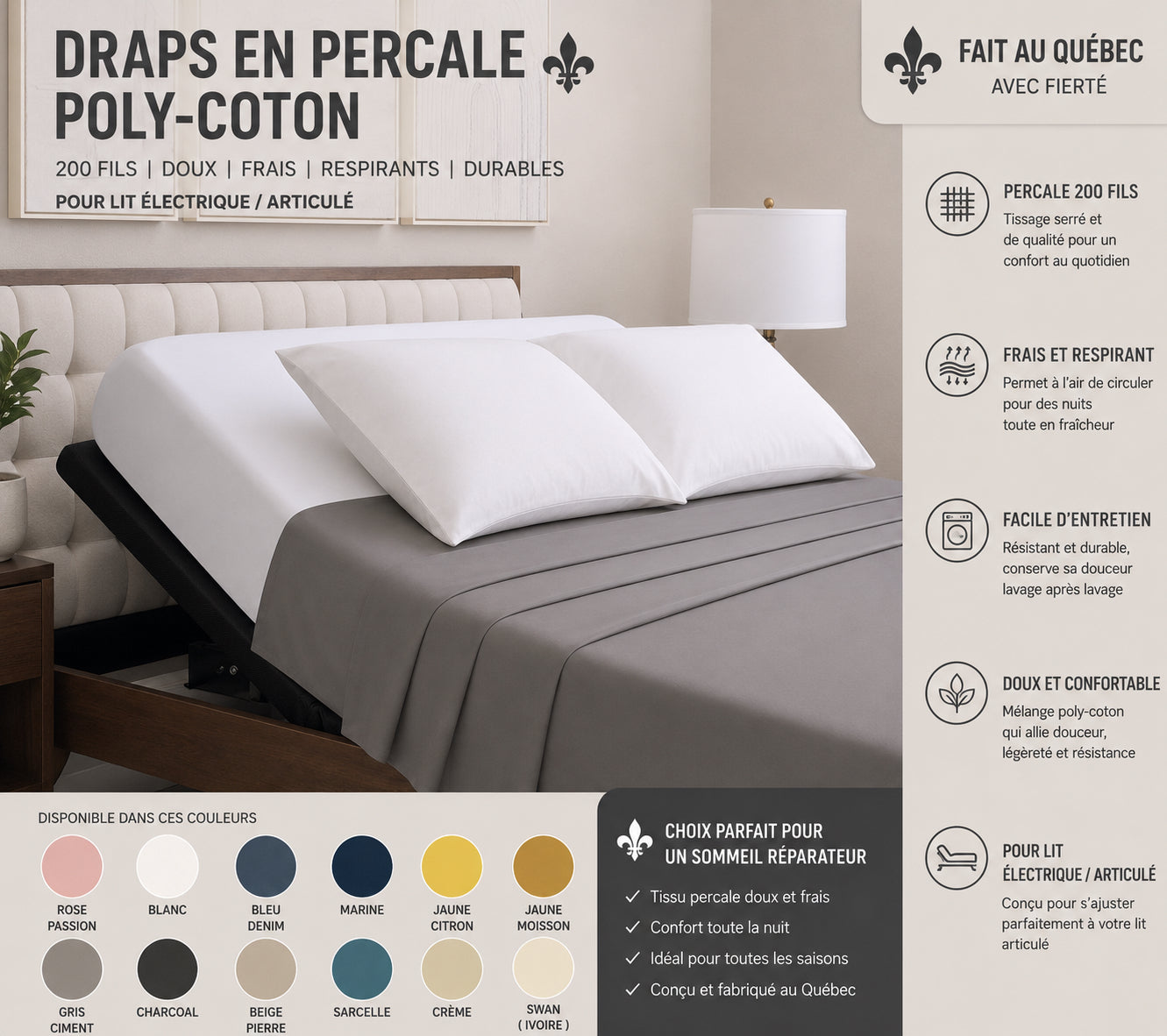 (FAIT AU QUÉBEC)  Draps en percale poly-coton (200 fils) Pour lit électrique /articulé- JUMEAU XL, QUEEN OU KING - Draps Zénima - Literie-Déco et moi 