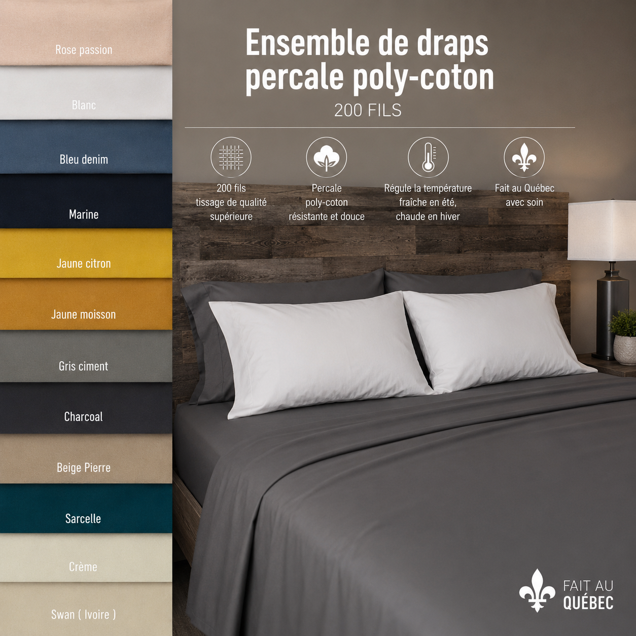 ( FAIT AU QUÉBEC ) Ensemble de draps PERCALE POLY-COTON ( 200 fils ) - Draps Zénima - Literie-Déco et moi 