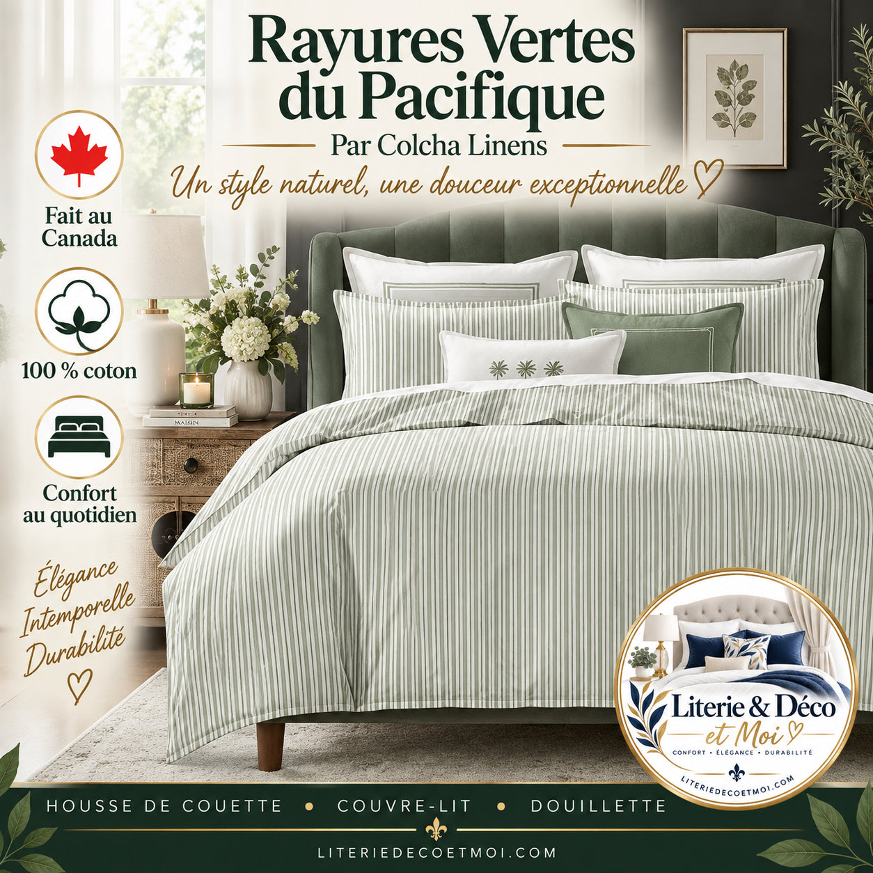 FAIT AU CANADA-Modèle RAYURES DU PACIFIQUE (Vert) -Par Colcha Linens - Douillette Colcha Linens - Literie-Déco et moi 